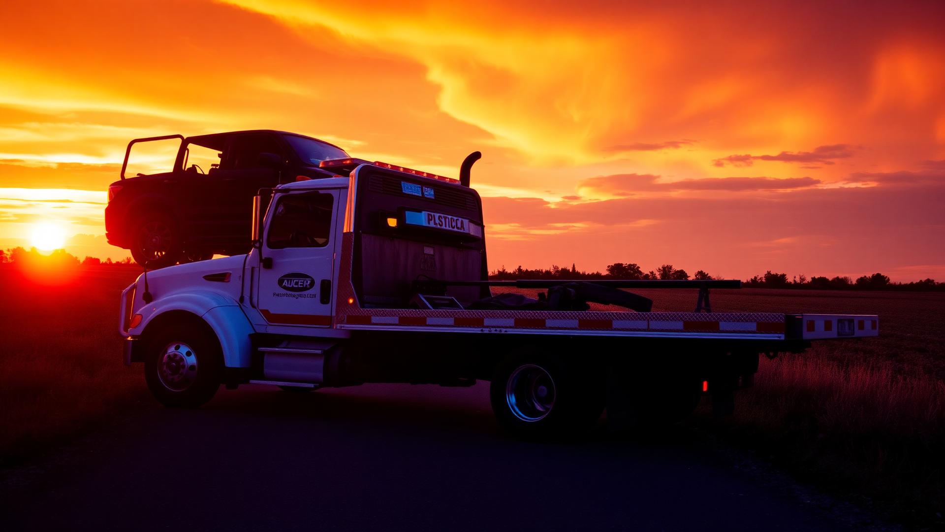 Tow truck at sunset